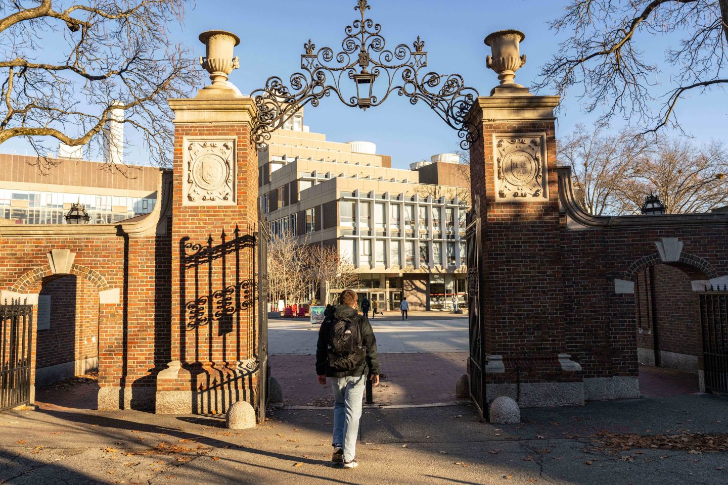 A students walks into the Harvard University campus in Cambridge, Massachusetts, on Dec. 12.