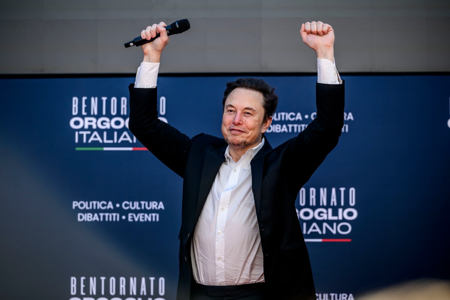 ROME, ITALY &#8211; DECEMBER 15: Elon Musk, chief executive officer of Tesla Inc and X (formerly Twitter) Ceo speaks at the Atreju political convention organized by Fratelli d&#8217;Italia (Brothers of Italy), on December 15, 2023 in Rome, Italy. Italian Prime Minister Giorgia Meloni&#8217;s right-wing political party organised a four-day political festival in the Italian capital. (Photo by Antonio Masiello/Getty Images)