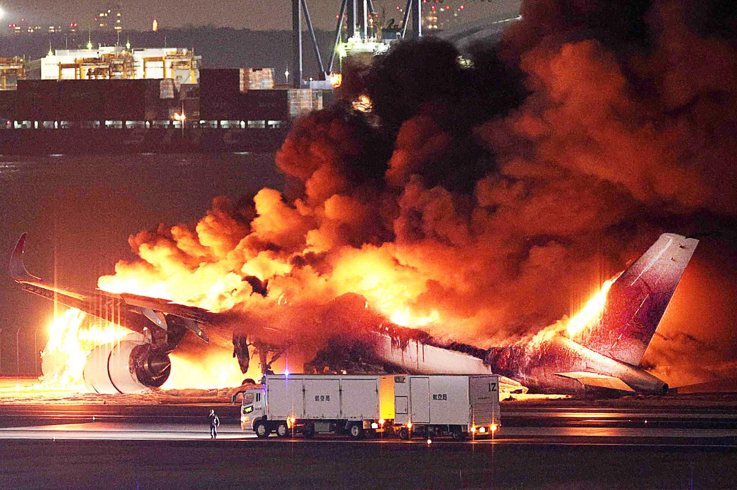 Japan Airlines jetliner collides with hurricane relief mission from coast guard, killing 5 crew members in fiery crash