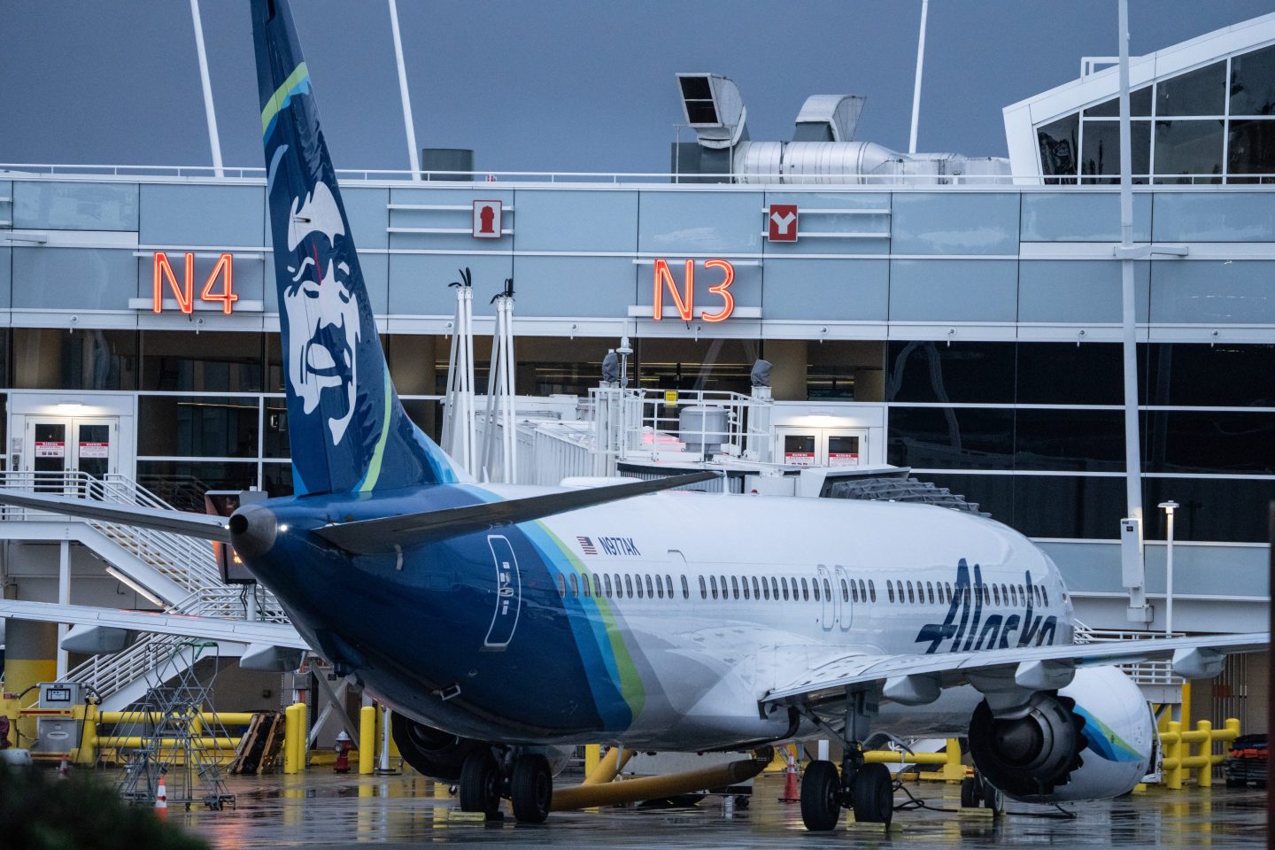 An Alaska Airlines Boeing 737 MAX 9 plane sits at Seattle-Tacoma International Airport on Saturday.