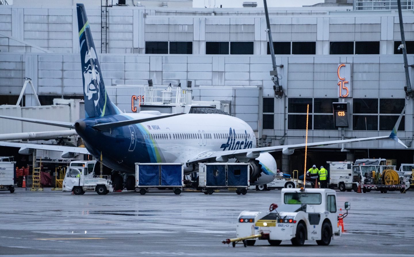 An Alaska Airlines Boeing 737 MAX 9 at Seattle-Tacoma International Airport Saturday.