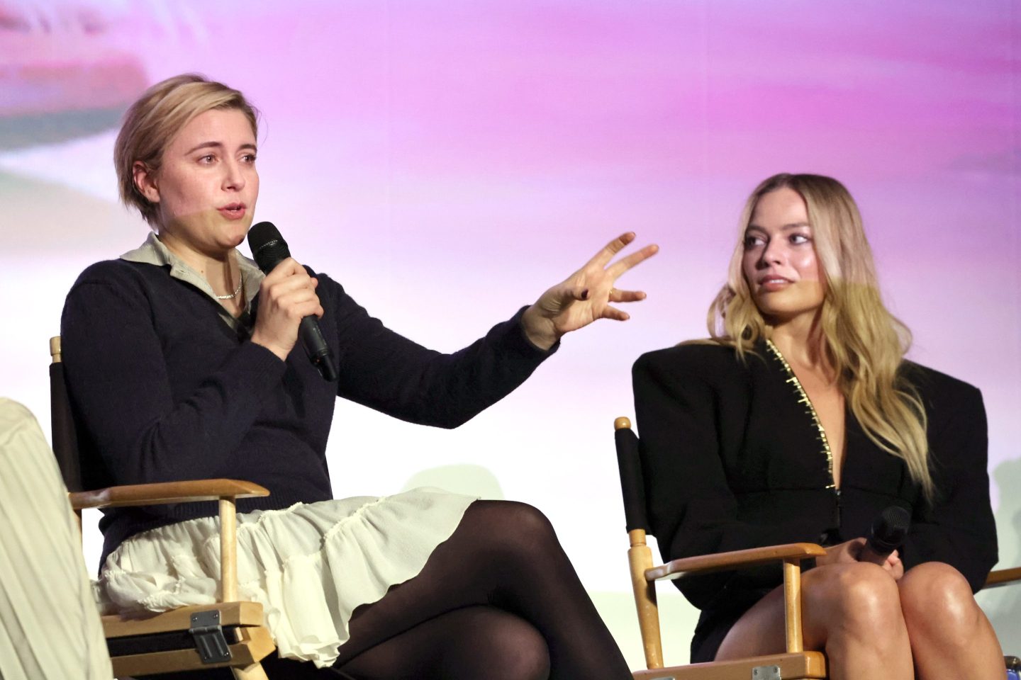 Greta Gerwig and Margot Robbie onstage at Warner Bros.' "Barbie" Los Angeles Special Screening on Jan. 5, 2024. Despite the film's success, the women were not nominated for Best Director or Best Actress in this year's Academy Awards.