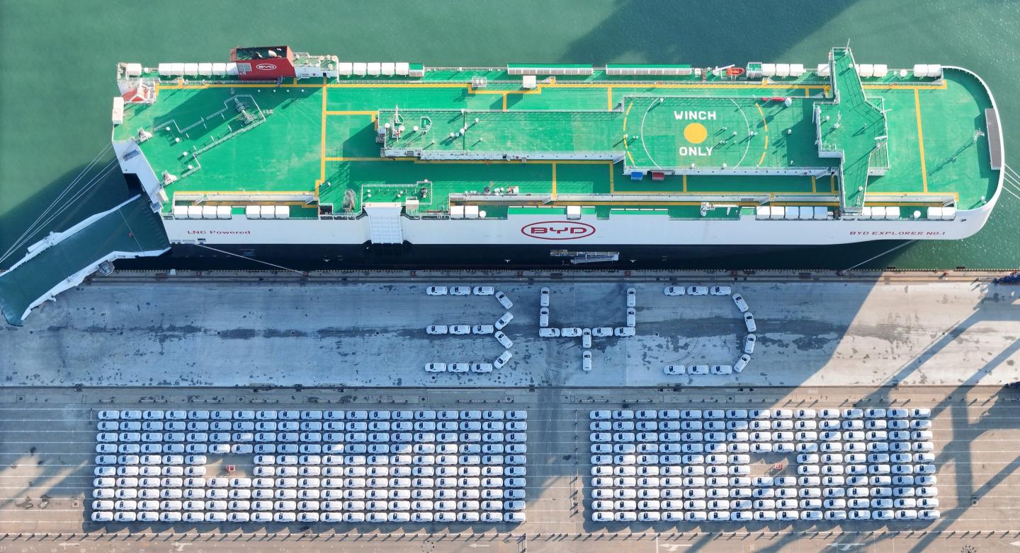 New BYD cars wait to be loaded onto a newly completed ro-ro ship named BYD Explorer No.1