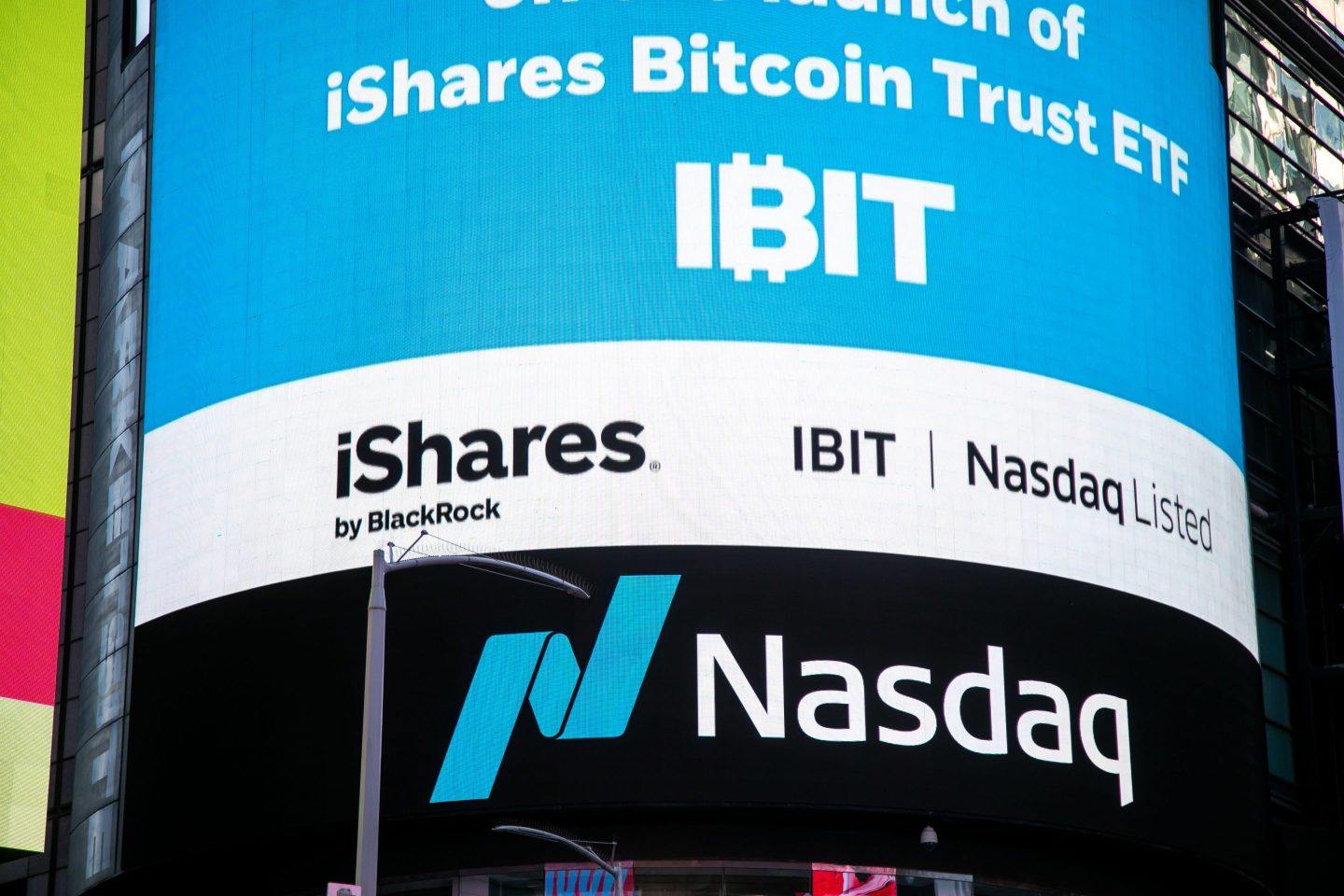 Blackrock iShares Bitcoin Trust ETF signage at the Nasdaq MarketSite in New York, NY.