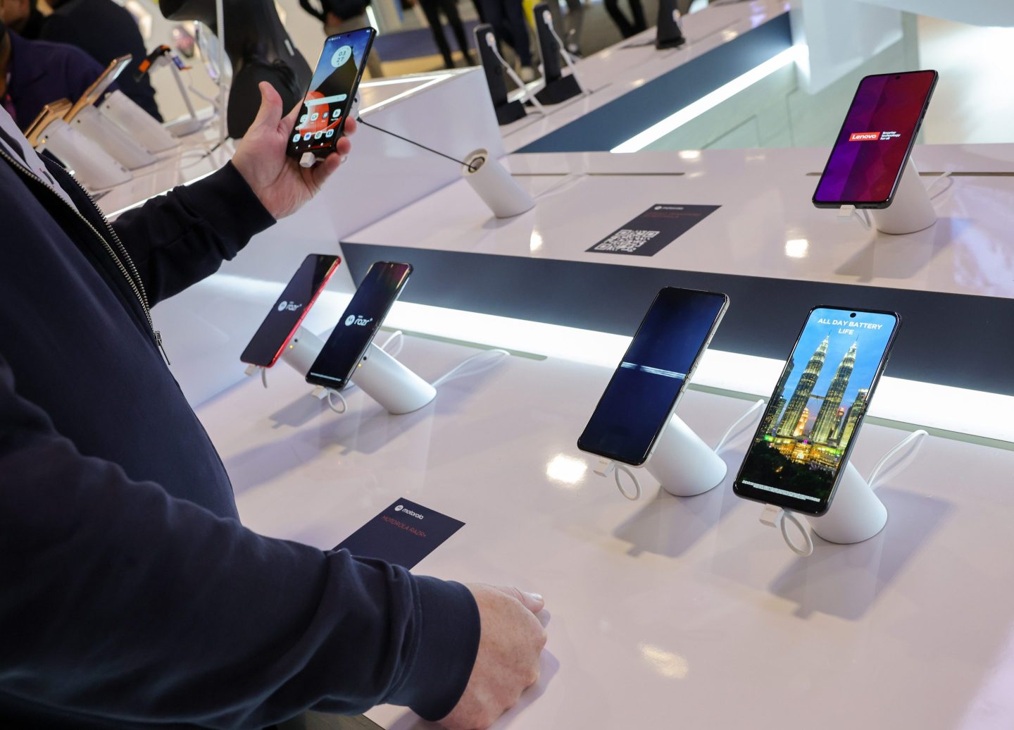 Motorola Razr phones on display at the Motorola booth during CES 2024.