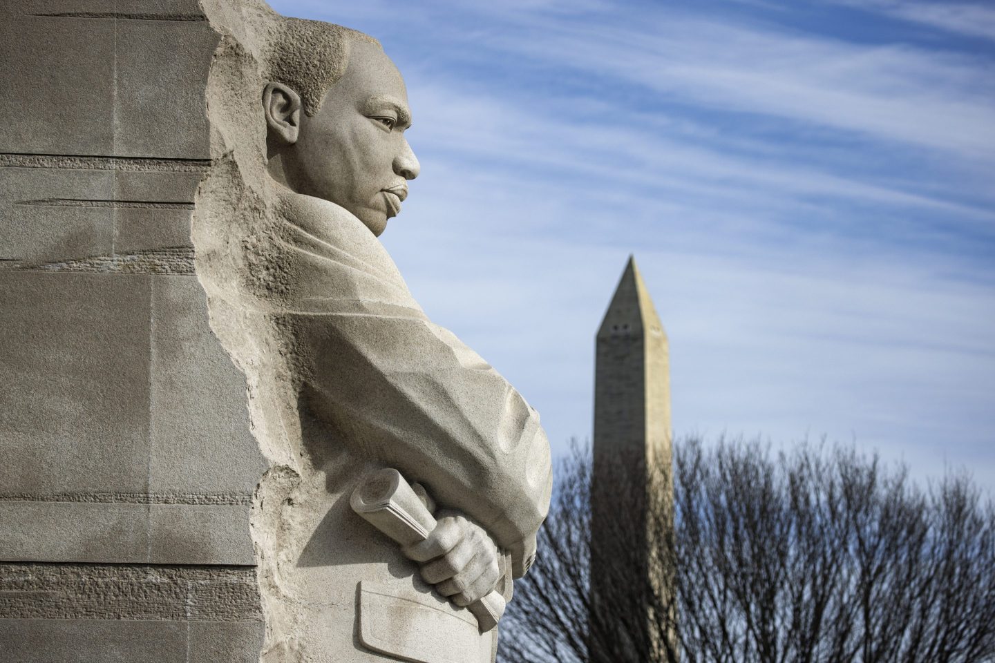 The Martin Luther King Jr. and Washington Monuments are seen ahead of a wreath laying ceremony on Jan. 12.