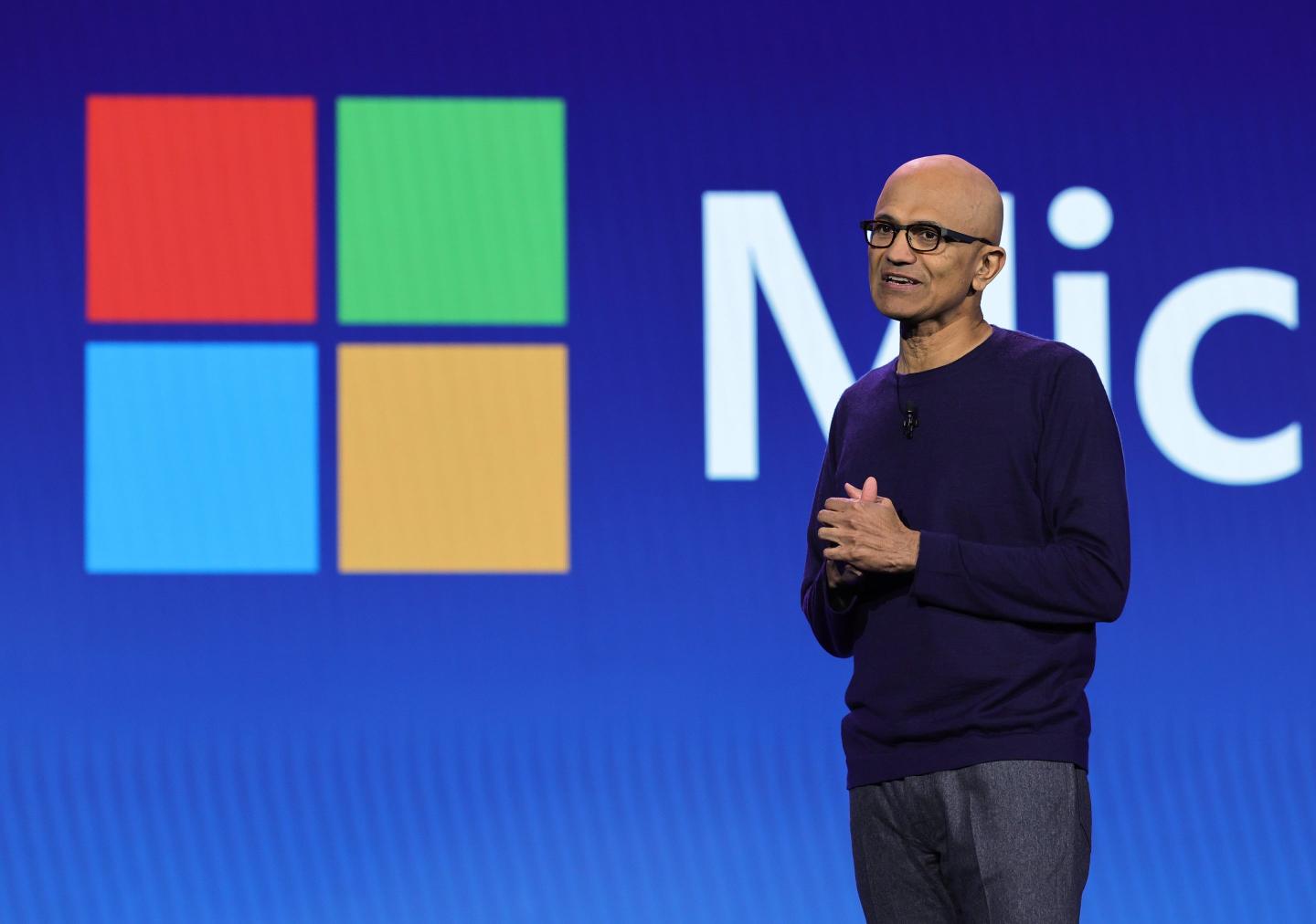 Microsoft Chairman and CEO Satya Nadella speaks during a keynote address by Walmart Inc. President and CEO Doug McMillon during CES 2024 at The Venetian Resort Las Vegas on January 9, 2024 in Las Vegas, Nevada. CES, the world's largest annual consumer technology trade show, runs through January 12 and features about 4,000 exhibitors showing off their latest products and services to more than 130,000 attendees.