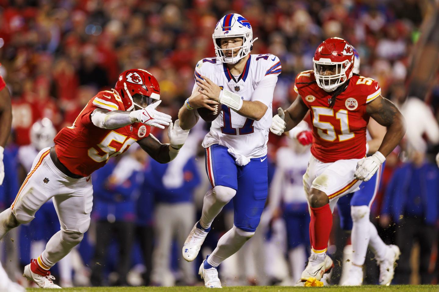 Buffalo Bills run the ball during an NFL football game against the Kansas City Chiefs.