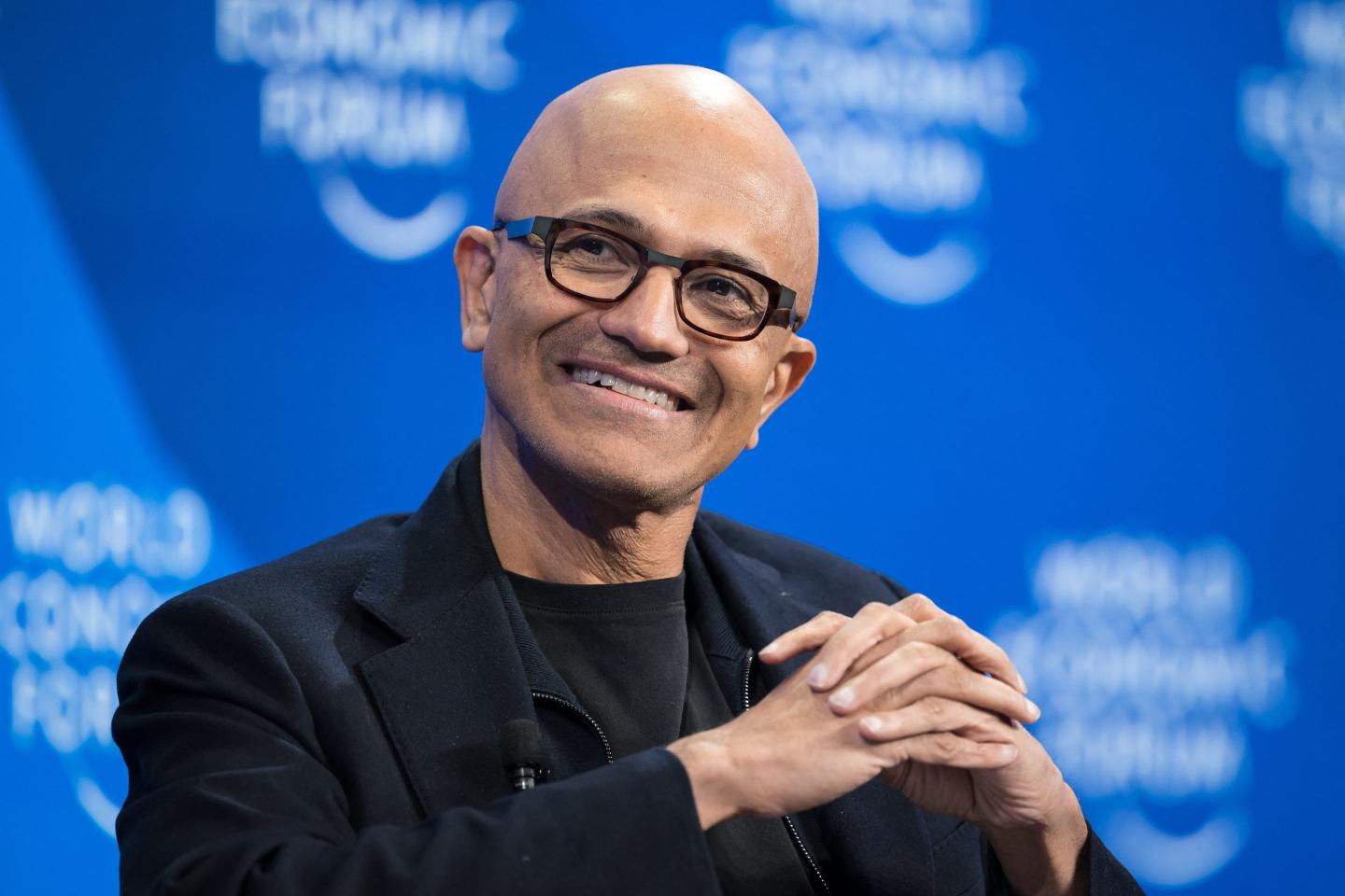 Microsoft CEO Satya Nadella gestures during a session at the World Economic Forum (WEF) annual meeting in Davos, on January 16, 2024.