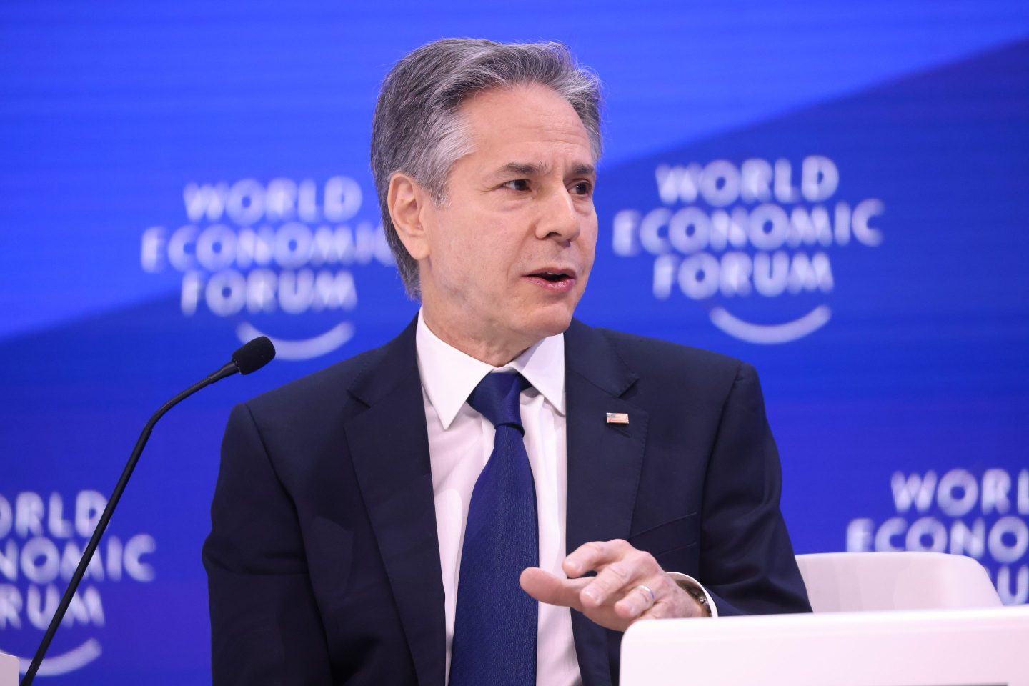 Antony Blinken, U.S. secretary of state, during a conversation session on day two of the World Economic Forum (WEF) in Davos, Switzerland, on Jan. 17, 2024.
