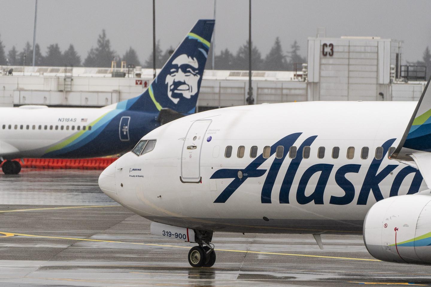 An Alaska Airlines Boeing 737-900ER aircraft on the tarmac at Seattle-Tacoma International Airport