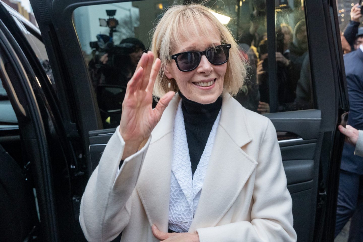 E. Jean Carroll departs a Manhattan federal court at the conclusion of her defamation suit against Donald Trump on January 26, 2024 in New York City. A New York jury has awarded Carroll $83.3 million in her civil trial against Trump.