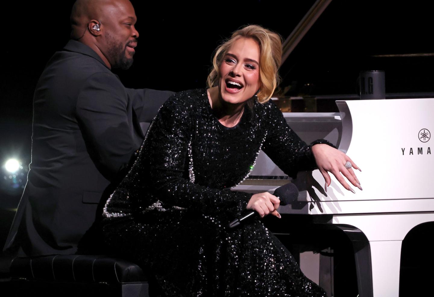 Adele performs onstage during "Weekends with Adele" at The Colosseum at Caesars Palace on January 26, 2024 in Las Vegas, Nevada.