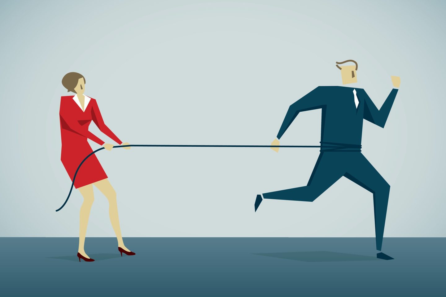 Stock illustration of a business woman holding back a business man with a lasso. The man is trying to run away.