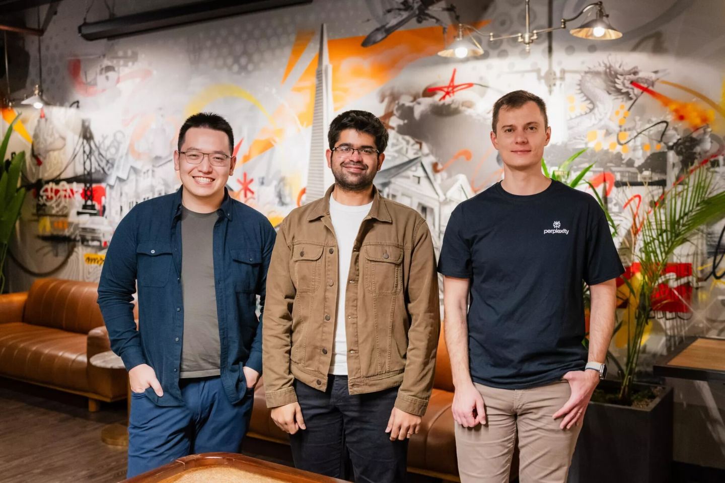 Perplexity AI cofounders, from left to right, Johnny Ho, Aravind Srinivas, and Denis Yarats. Srinivas is also the CEO.