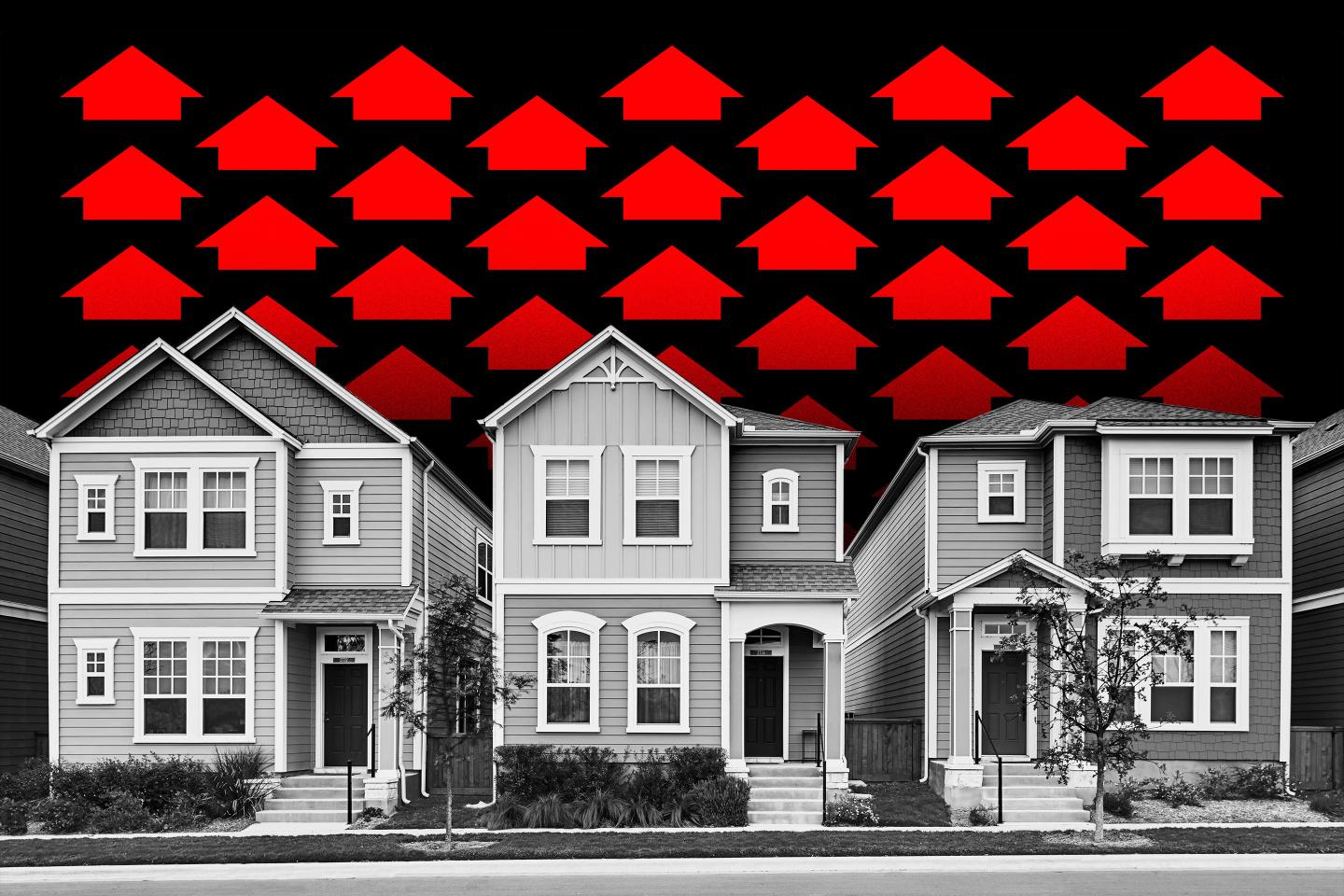 Row of homes with red up arrows