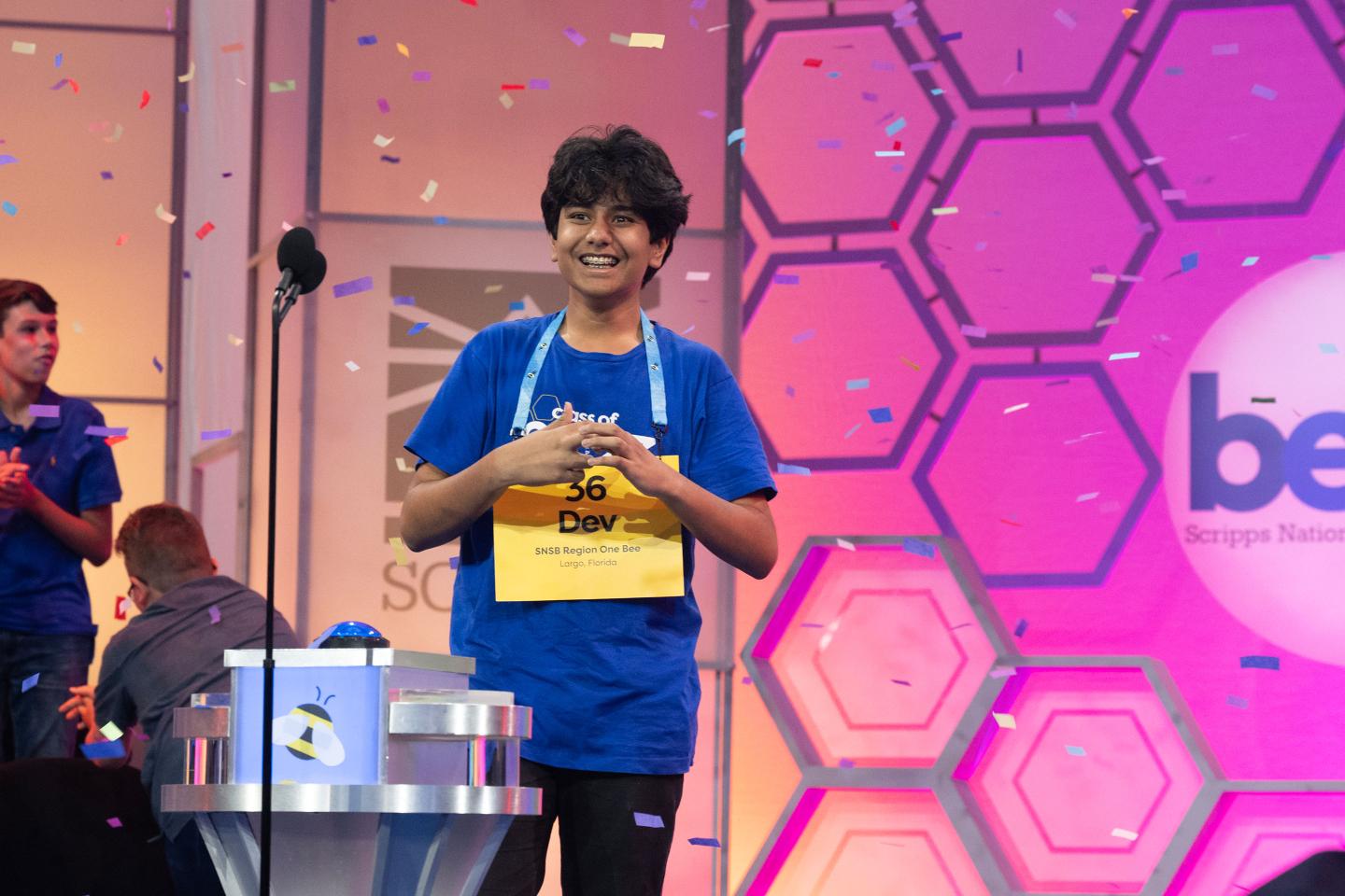 Dev Shah, 14 of Largo, Florida,  spells the winning word (psammophile) and becomes the winner of the Scripps National Spelling Bee at the Gaylord National Resort &amp; Convention Center in Oxon Hill, Maryland  on June 01, 2023.