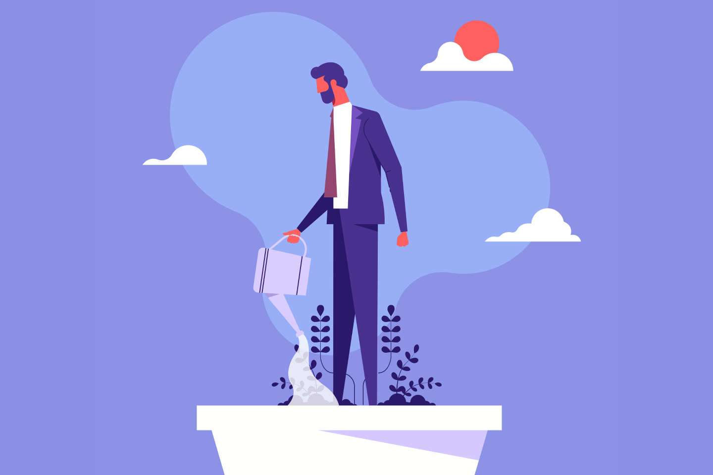 Illustration of a man watering his own little pot of grass