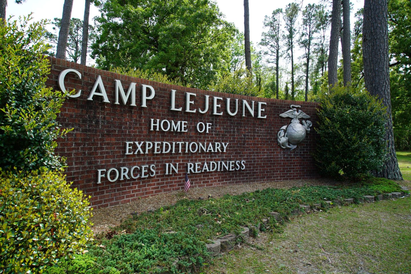 The main gate to Camp Lejeune Marine Base outside Jacksonville, N.C., on April 29, 2022. Military personnel stationed at Camp Lejeune from 1975 to 1985 had at least a 20% higher risk for a number of cancers than those stationed elsewhere, federal health officials said Wednesday, in a long-awaited study of the North Carolina base's contaminated drinking water.