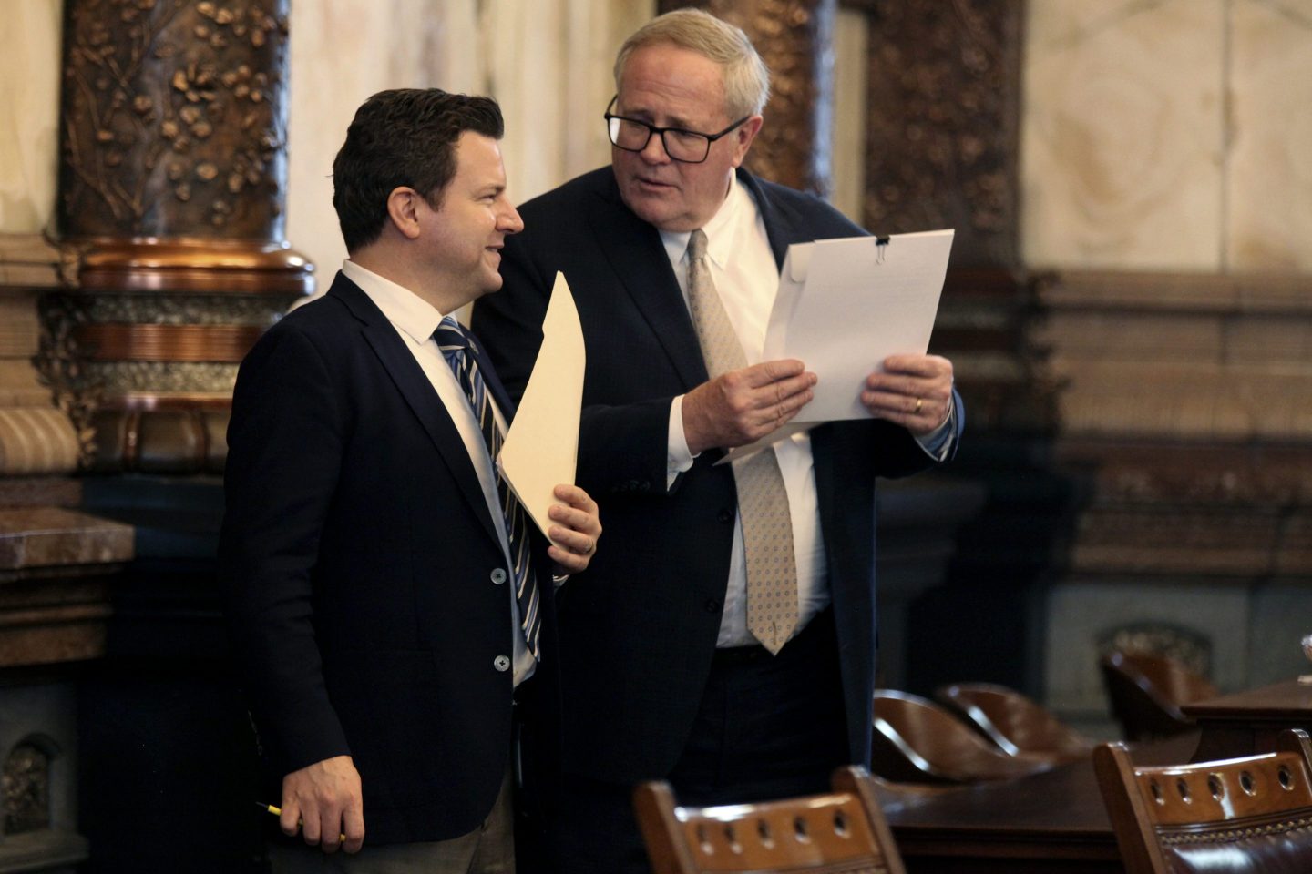 Kansas state Sens. J.R. Claeys, left, R-Salina, and Michael Fagg, right, R-El Dorado, at the Statehouse in Topeka, Kan., on , Wednesday, Feb. 7, 2024.