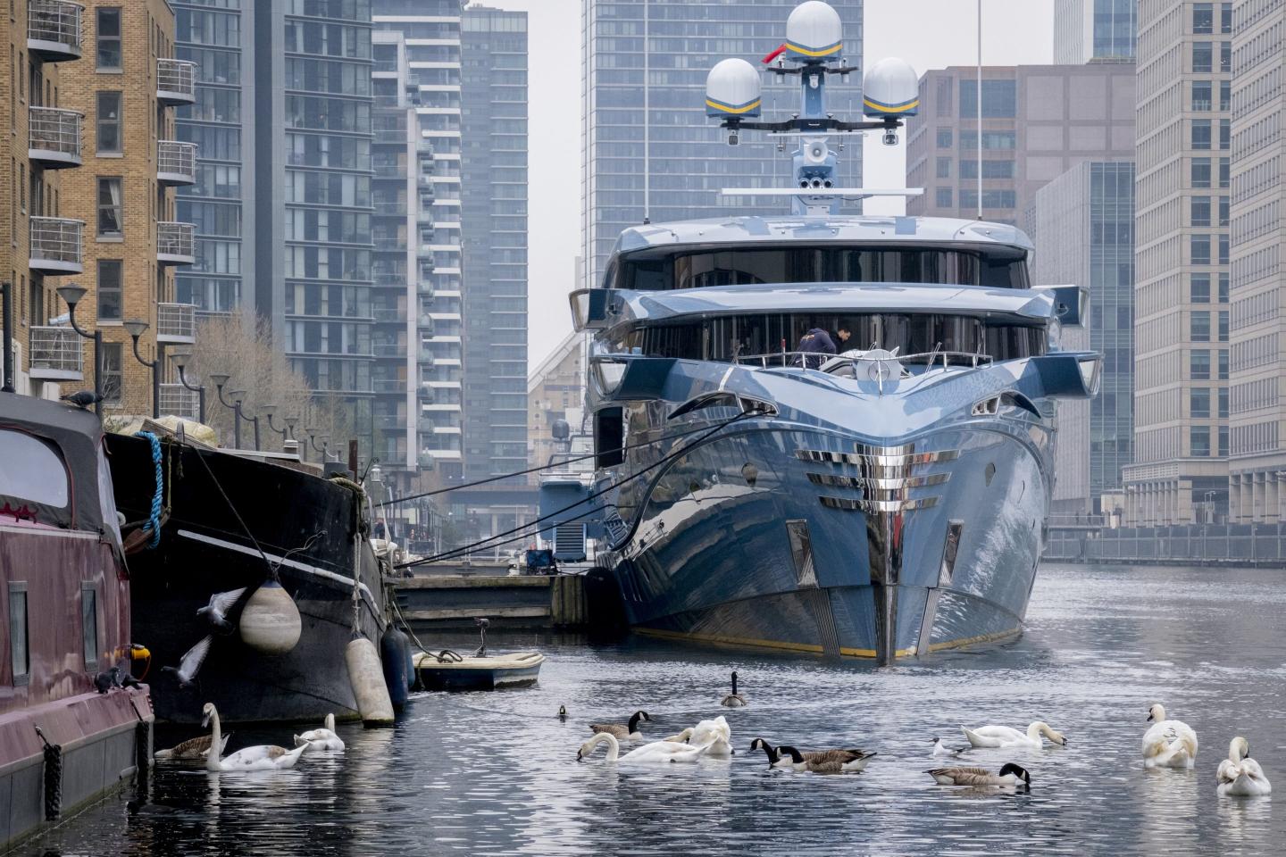 Superyacht 'Phi' which remains seized at 'Dollar Bay' in London Docklands