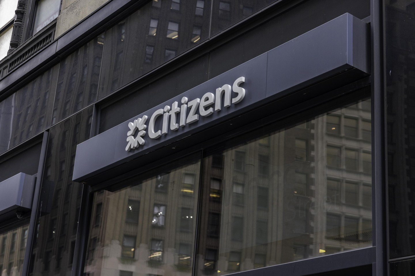 Signage outside a Citizens bank branch in New York, US