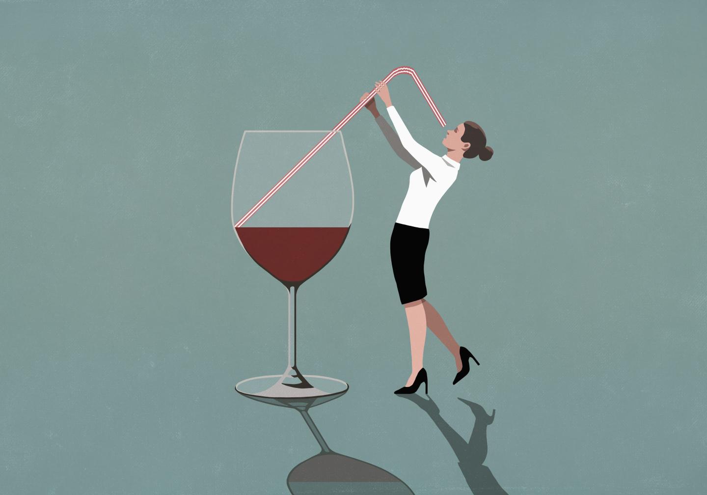 An illustration of a woman drinking out of a glass of wine