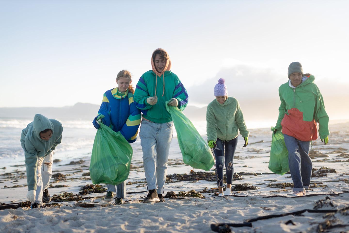 Group of young people cleaning rubbish from a beach