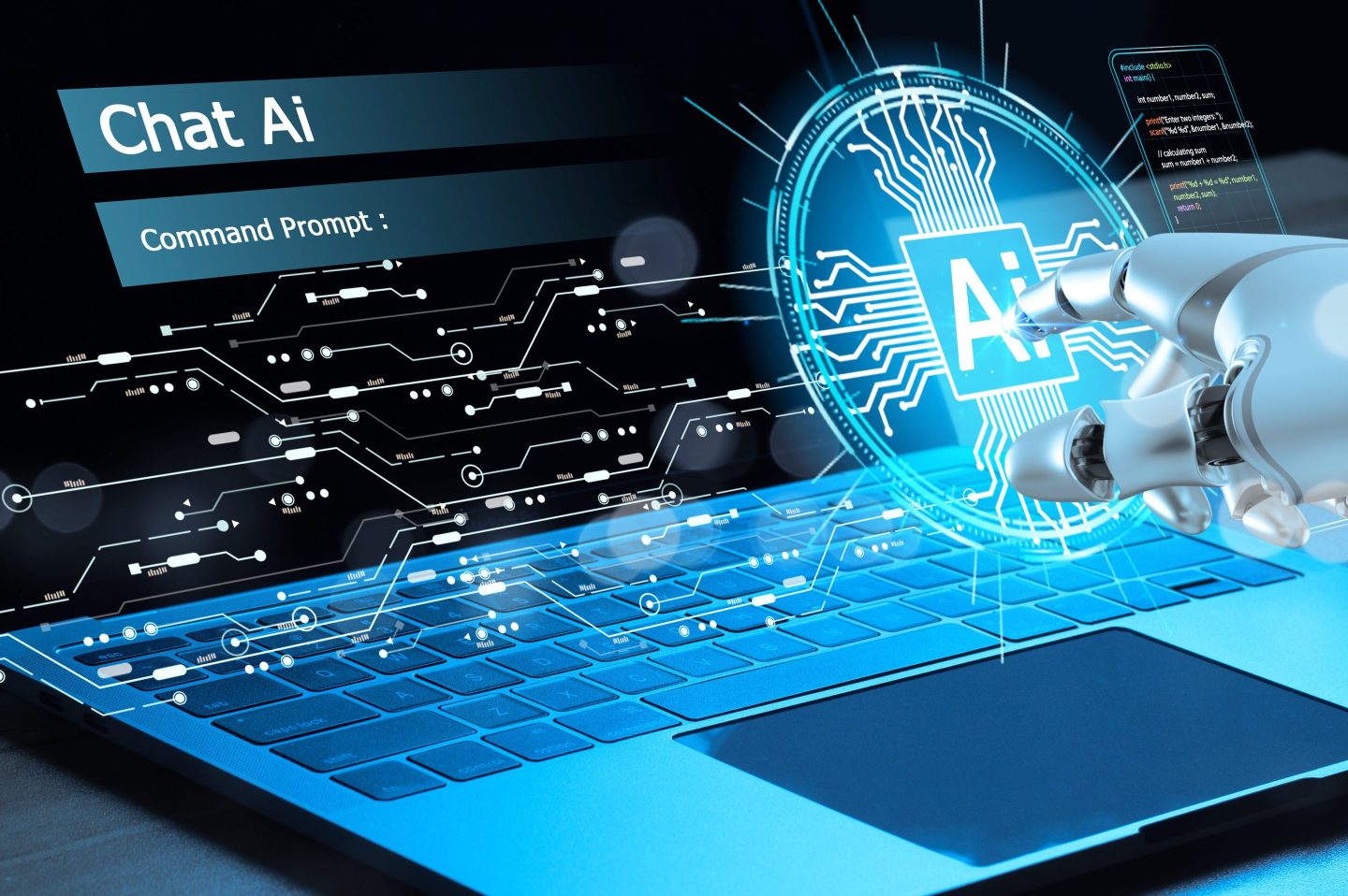 Robot hand Chat with AI, Artificial Intelligence. Technology smart robot AI Concept, artificial intelligence by enter command prompt for generates something, Futuristic technology transformation.