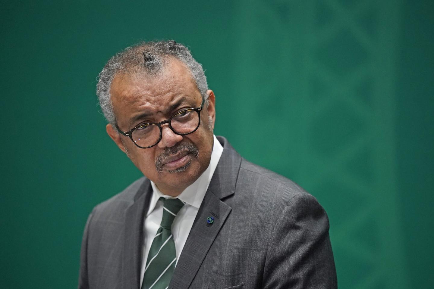 Dr. Tedros Adhanom Ghebreyesus, the director general of the World Health Organization, speaks to the media during a press conference with Taoiseach Leo Varadkar and Dr. Mike Ryan, the executive director of the WHO's Health Emergencies Program, at the Government Buildings in Dublin on Dec. 18, 2023. Ghebreyesus spoke on the topic of the pandemic treaty Saturday at the Warwick Economic Summit in Coventry, England, attending virtually from Geneva. He called the treaty, currently in dispute my member nations, "mission critical for humanity."