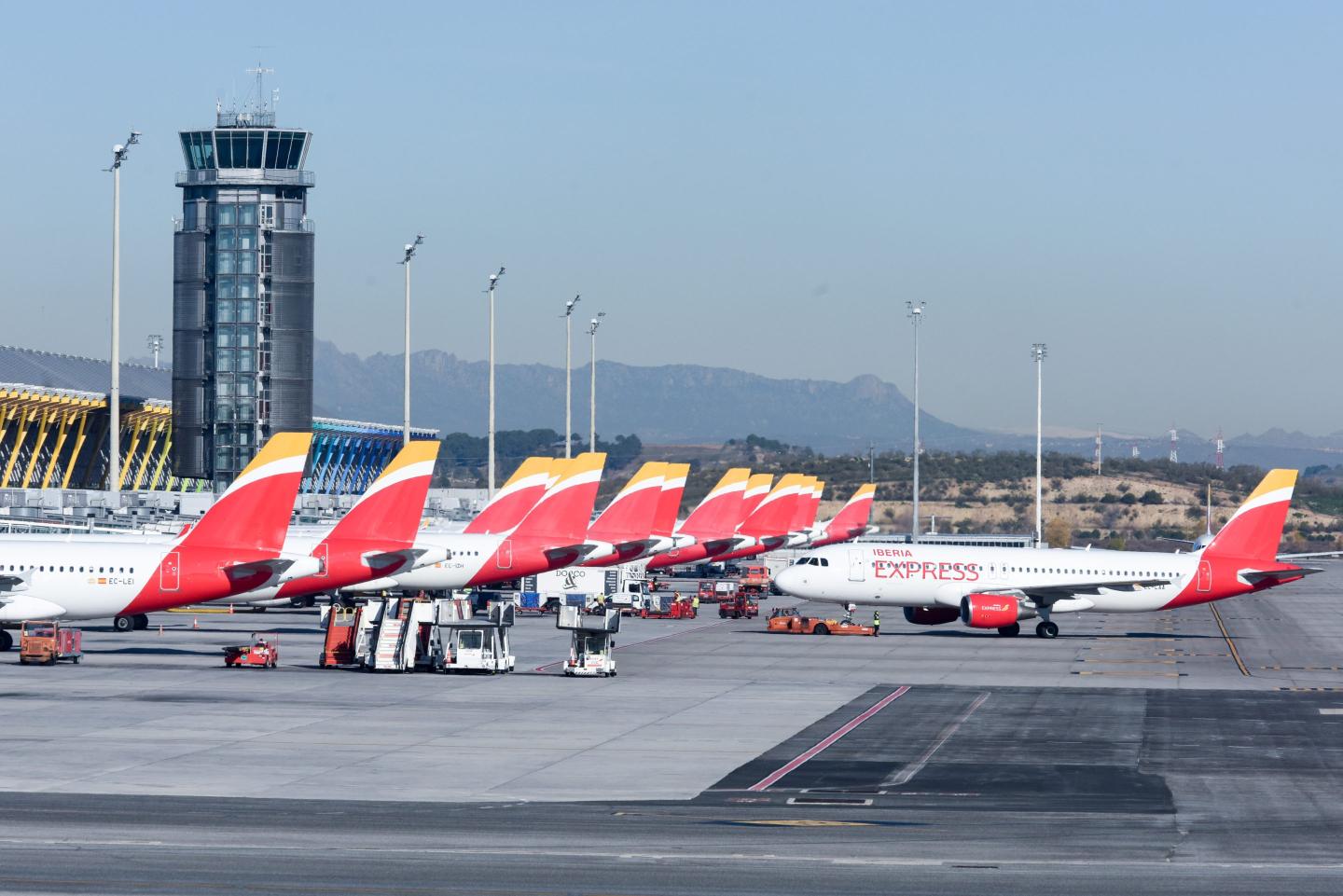 MADRID, SPAIN - JANUARY 08: Aircraft parked on the runways during the last day of the Iberia handling service strike at Adolfo Suarez Madrid-Barajas airport, January 8, 2024, in Madrid, Spain. Iberia has estimated the follow up of the handling strike among workers without minimum services at an average of 19%, being the last day of the strikes called by CCOO, UGT, USO and the Intercenters Committee in this service. The company has acknowledged in a statement that the problems "with hundreds of baggage" have been increasing in the last hours in three of the 29 airports where Iberia provides handling service, Barcelona, Bilbao and Gran Canaria. (Photo By Gustavo Valiente/Europa Press via Getty Images)
