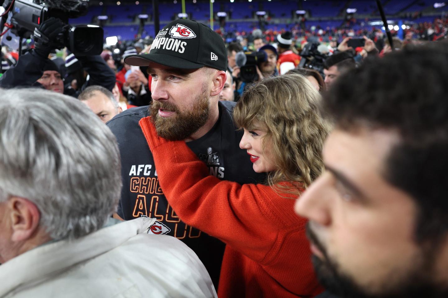 Taylor Swift and Travis Kelce after the AFC championship.