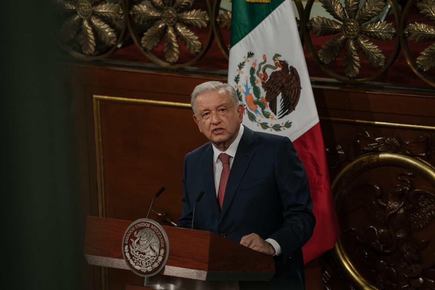 Andres Manuel Lopez Obrador, Mexico's president, speaks during an event at the National Palace in Mexico City, on Feb. 5, 2024.