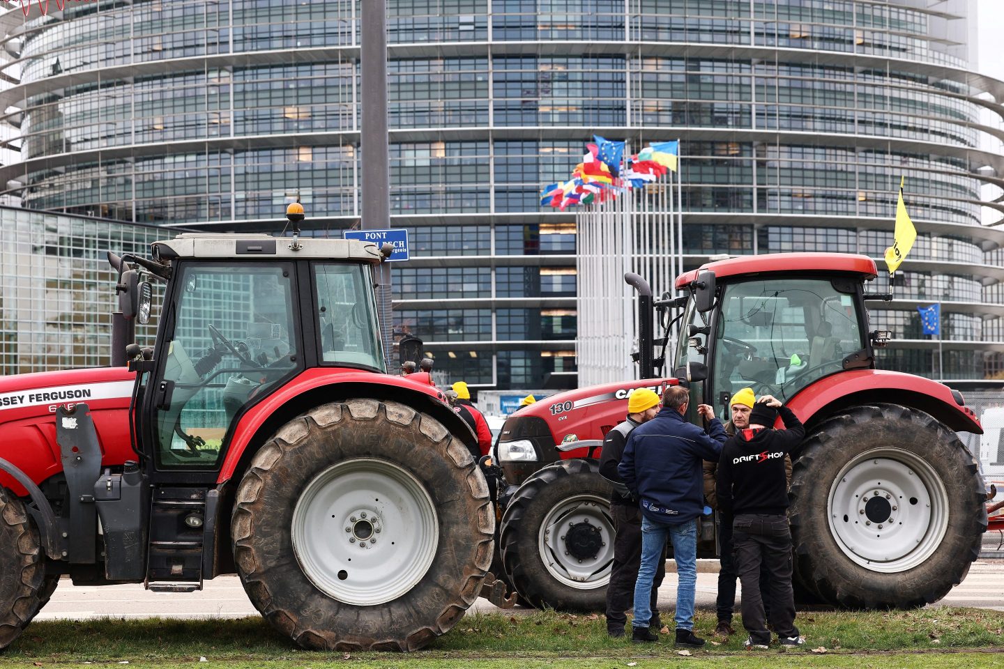 Farmers protest outside the European Parliament in Strasbourg on Feb. 6. A wave of farmer protest has erupted across Europe, demanding an easing of the EU's environmental policies.