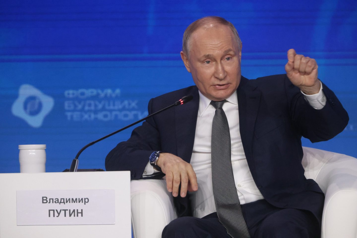 Russian President Vladimir Putin gestures during the Forum of Future Technologies, on Feb. 14, 2024 in Moscow.