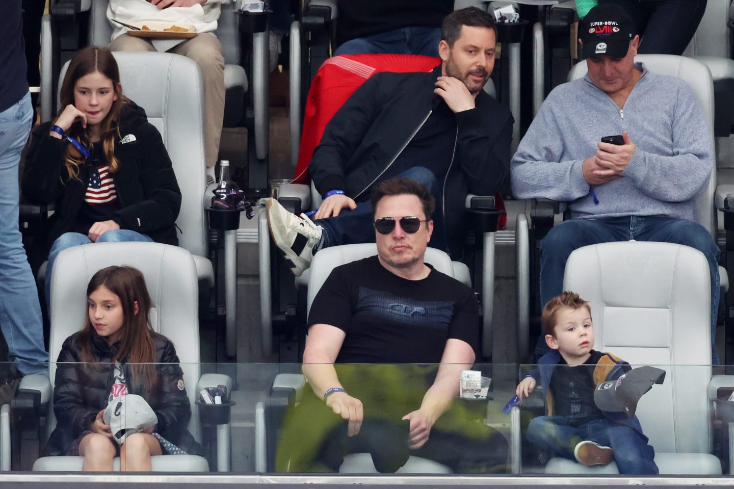 Tesla CEO Elon Musk looks on prior to Super Bowl LVIII between the San Francisco 49ers and Kansas City Chiefs at Allegiant Stadium on February 11, 2024 in Las Vegas.