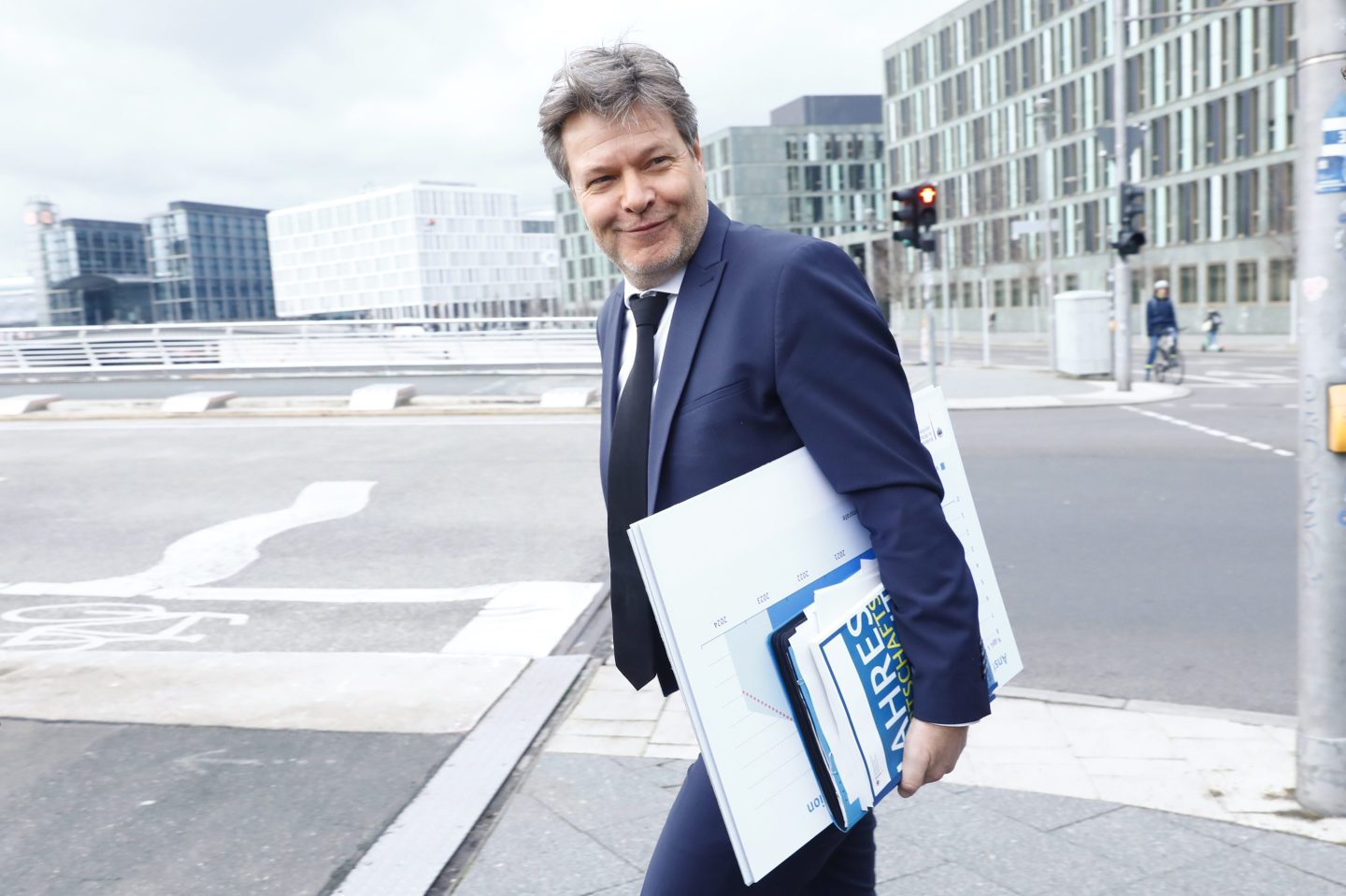 German Federal Economy and Climate Action Minister Robert Habeck leaves after presenting the 2024 German economy report and projection to the media on Feb. 21, 2024 in Berlin. 