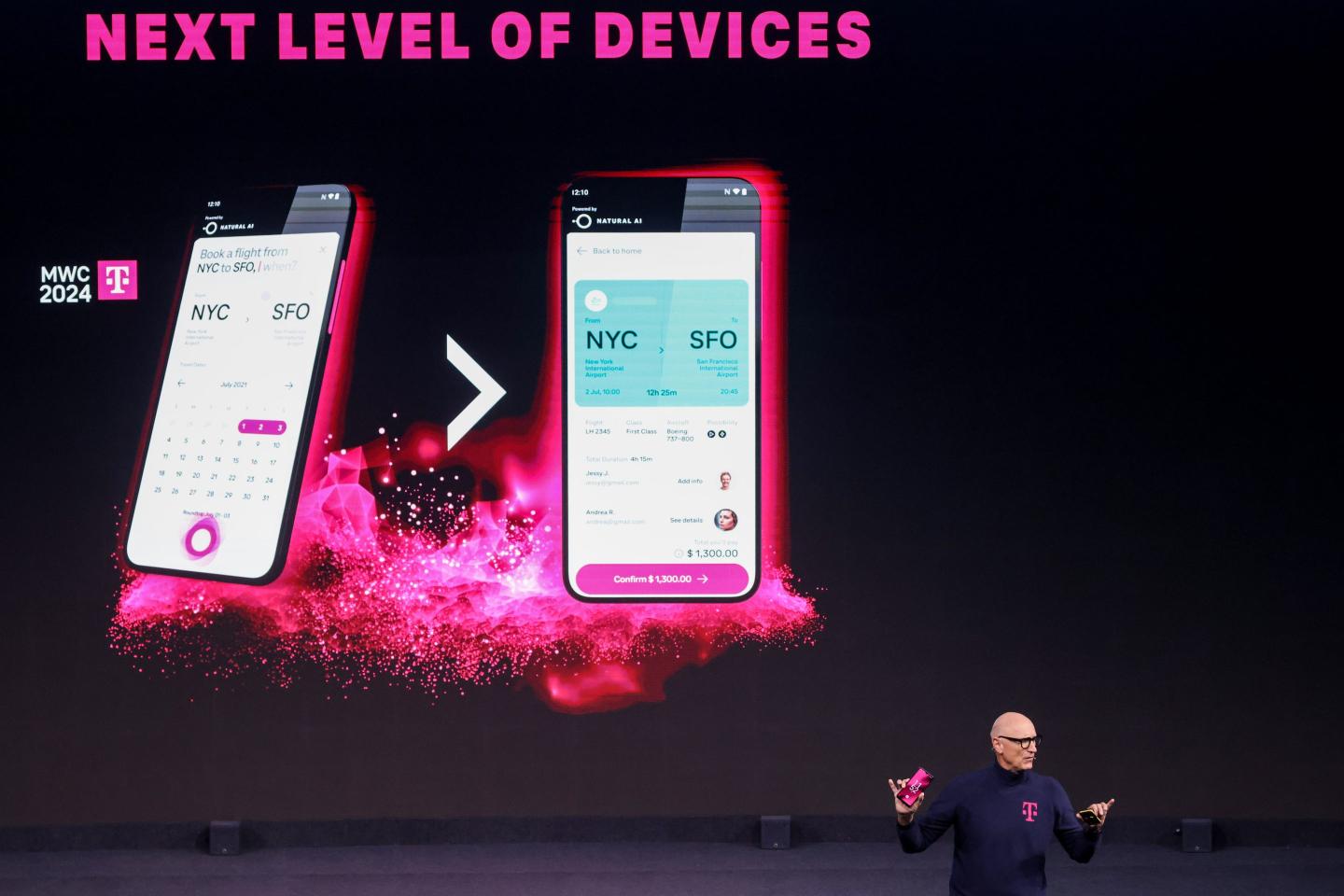 Tim Hoettges, chief executive officer of Deutsche Telekom AG, unveils a concept application-free AI-powered smartphone during a keynote on the opening day of the Mobile World Congress at the Fira de Barcelona venue in Barcelona, Spain, on Monday, Feb. 26, 2024.