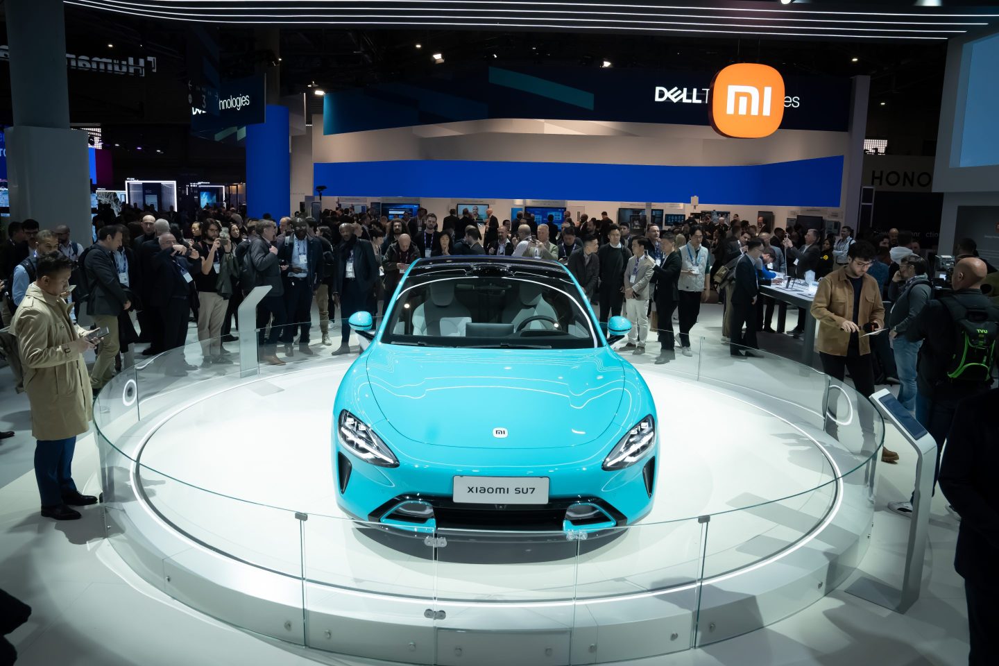 Xiaomi’s SU7 electric car on display at the Mobile World Congress in Barcelona.