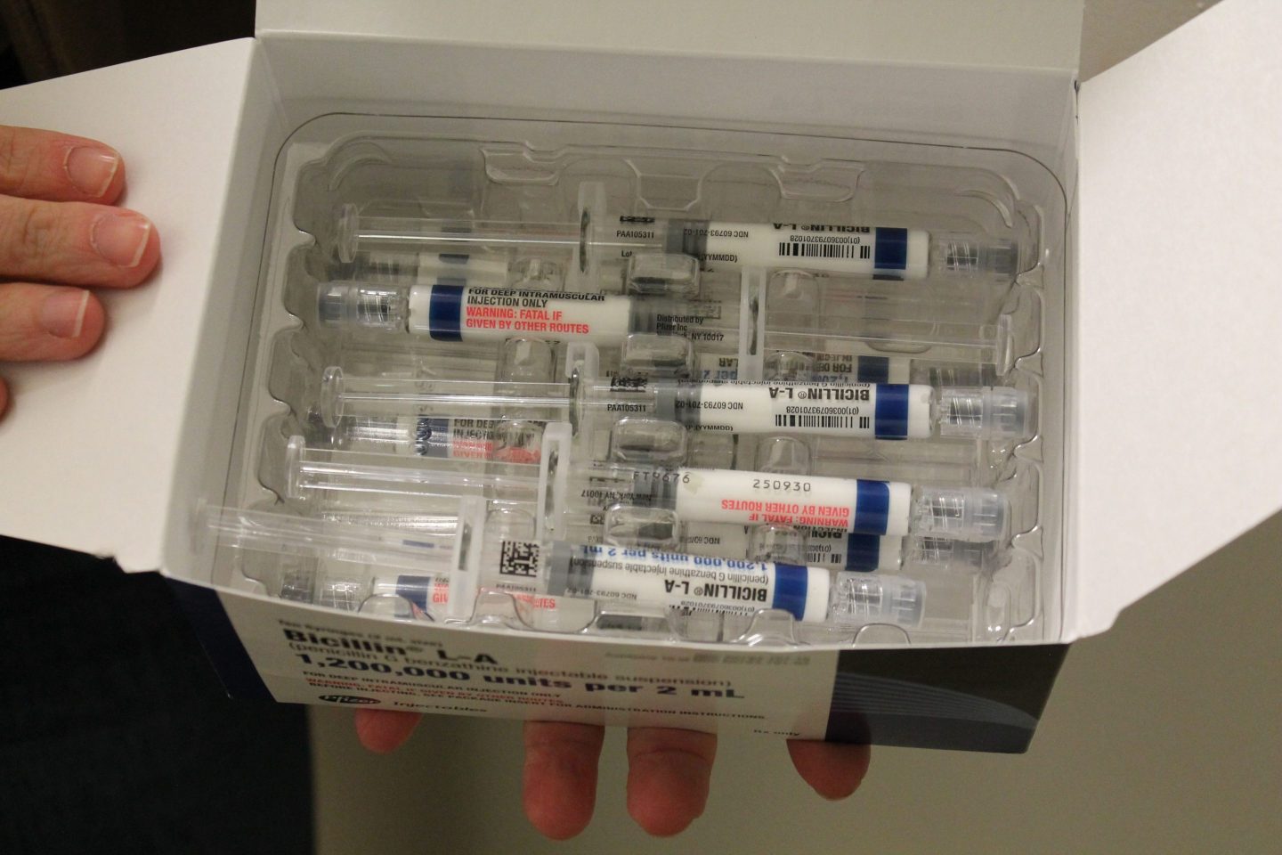 Vials of injectable penicillin in cold storage at the Metro Public Health Department in Nashville, Tenn. Injectable penicillin is the go-to treatment for syphilis and the only treatment considered safe for pregnant people with the disease. In mid-2023, the health department began rationing the injectable to just pregnant women because of a nationwide antibiotic shortage. Patients who test positive for syphilis and are not pregnant are given an oral antibiotic instead.