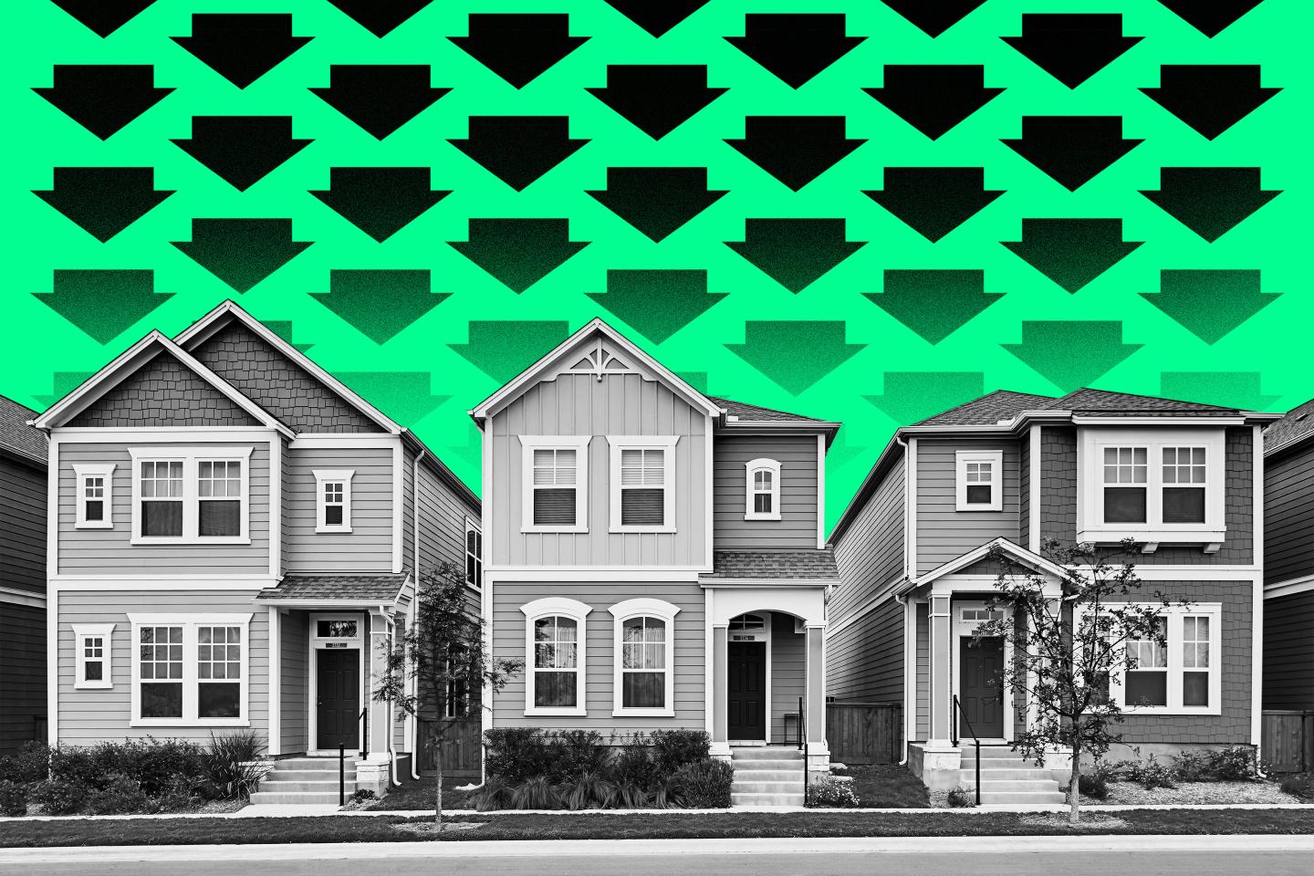 line of houses topped with down arrows with green background