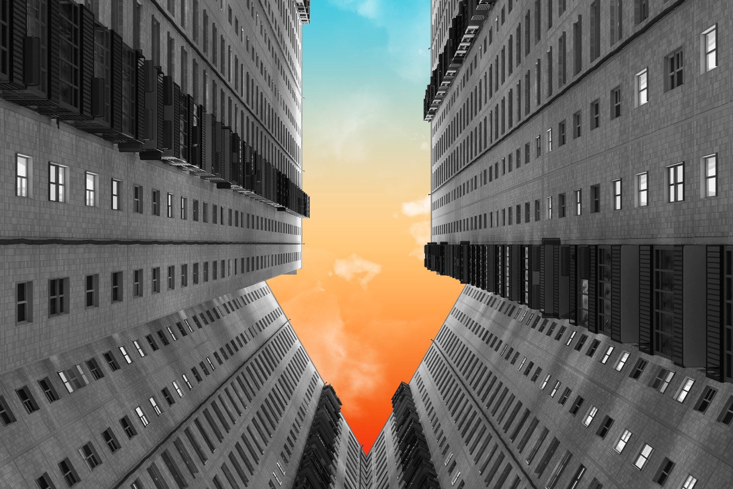 Illustration shows commercial real estate buildings and the outline of an arrow pointing down