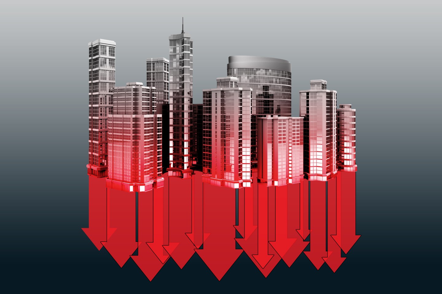 Office buildings with red down arrows
