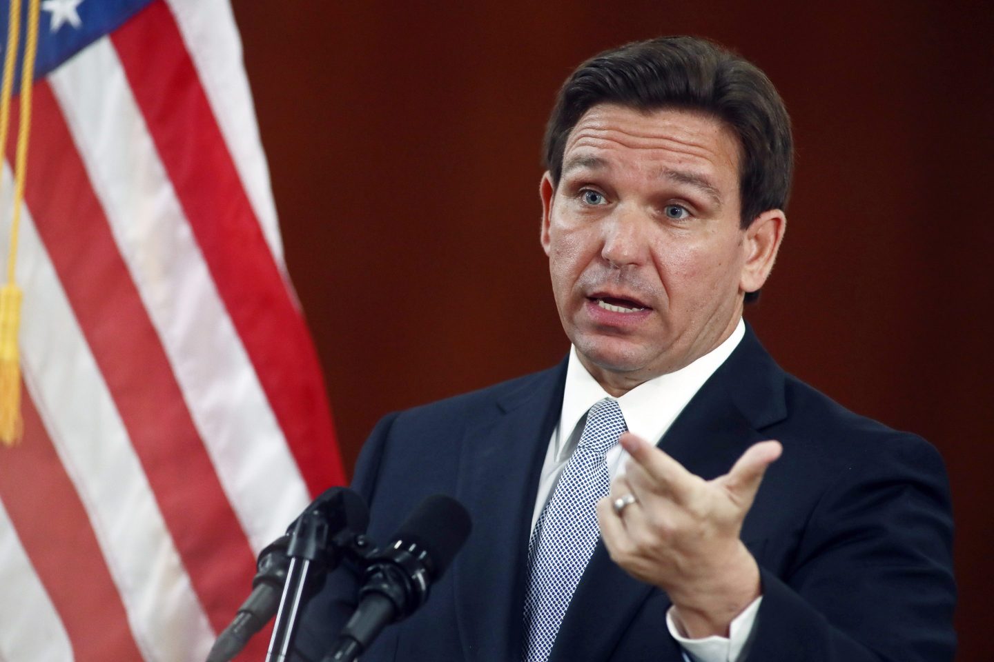 Florida Gov. Ron DeSantis answers questions from the media, March 7, 2023, at the state Capitol in Tallahassee,
