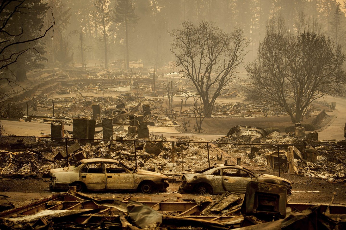 Homes leveled by the Camp Fire line a development on Edgewood Lane in Paradise, Calif., on Nov. 12, 2018.