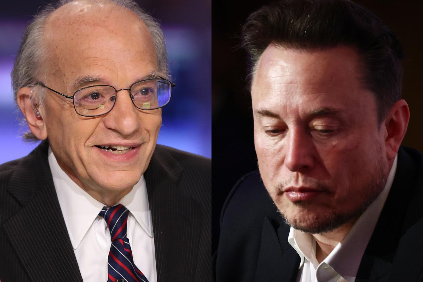 LEFT: SQUAWK BOX -- Pictured: Jeremy Siegel, Russell E. Palmer Professor of Finance at the Wharton School of the University of Pennsylvania in Philadelphia, In an interview on December 30, 2014 -- (Photo by: Scott Mlyn/CNBC/NBCU Photo Bank/NBCUniversal via Getty Images) RIGHT: Elon Musk, owner of Tesla and the X (formerly Twitter) platform, attends a symposium on fighting antisemitism titled 'Never Again : Lip Service or Deep Conversation' in Krakow, Poland on January 22nd, 2024. Musk, who was invited to Poland by the European Jewish Association (EJA) has visited the Auschwitz-Birkenau concentration camp earlier that day, ahead of International Holocaust Remembrance Day. (Photo by Beata Zawrzel/NurPhoto via Getty Images)