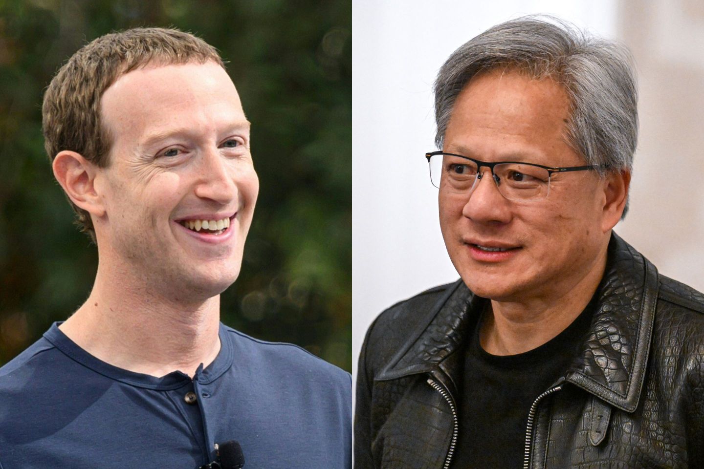 Left: Meta CEO Mark Zuckerberg. Right: Nvidia CEO Jensen Huang.
