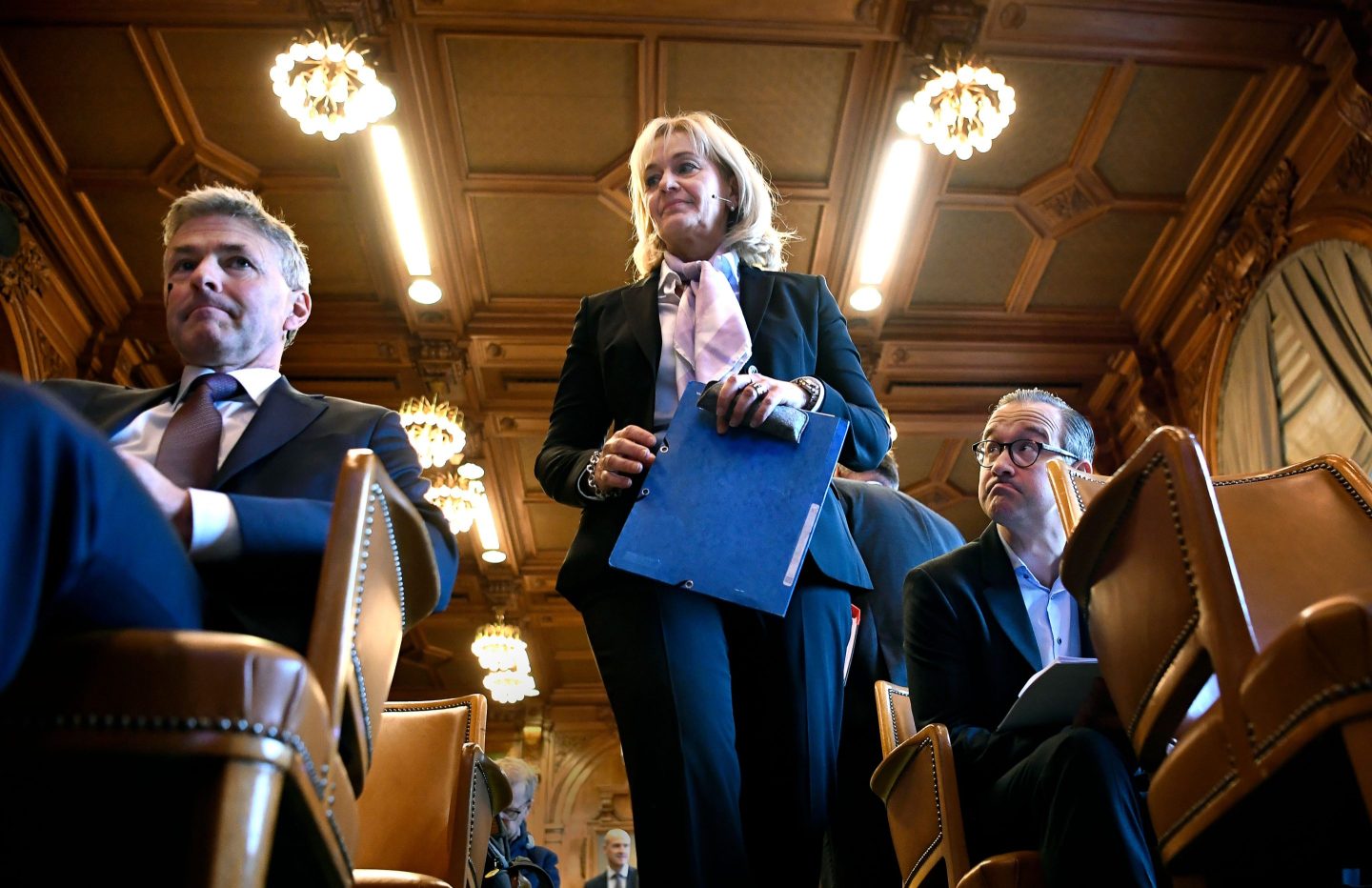 Carina Akerstrom arrives for a press conference to present Svenska Handelsbanken's third quarter results during a press conference at the company's headquarters in Stockholm.