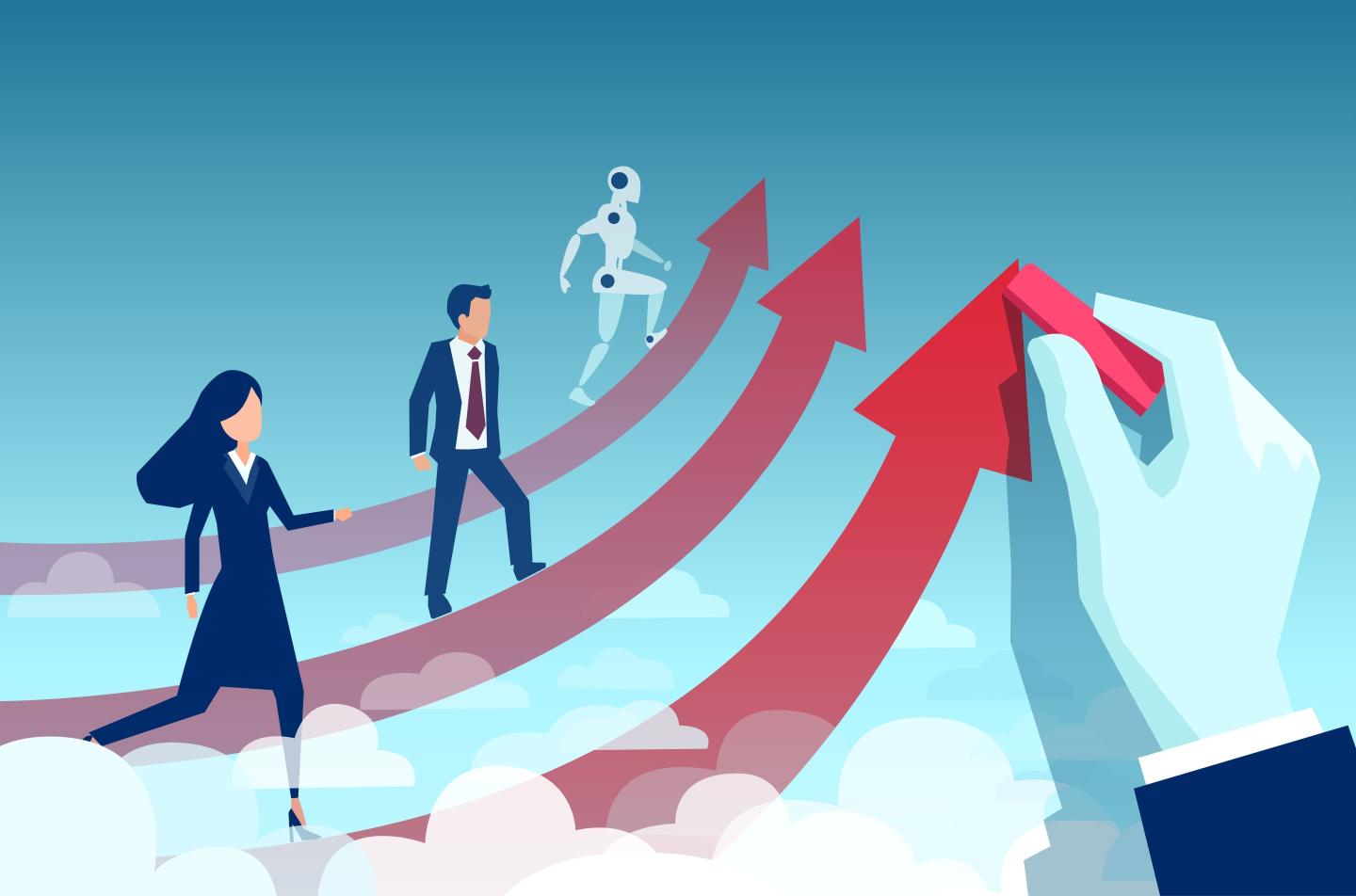 Vector of a manager hand drawing an arrow assisting businesswoman to achieve success in competition with businessman and AI.