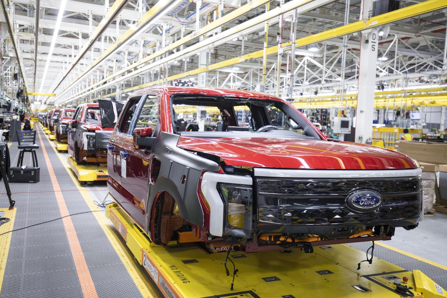 A Ford F-150 Lightning EV on the assembly line at Ford's Dearborn, Mich. plant.